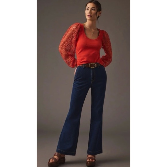 Maeve Tops - Maeve Anthropologie Red Ribbed Knit Top Floral Guipure Lace Balloon Sleeve Sz XS